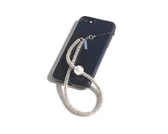 Silver Swarovski Crystals Phone Strap | Luxury Sparkly Silver Crystal Phone Charm and a Pearl detail | Cell Phone Accessory