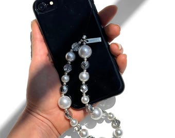 Pearl Swarovski Crystal Phone Charm - White Beaded Wrist Phone Strap - Luxury Gift