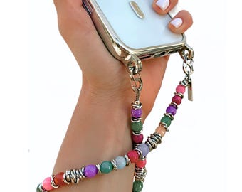 Färgglad ädelstens-telefonberlock | Pärlbelagd telefonarmband | Tech-accessoarpresent