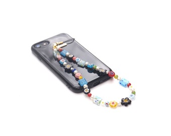 Floral Beaded Phone Strap | Wrist Phone Chain with Freshwater Pearls and Millefiori Flower beads | Cell Phone Accessory