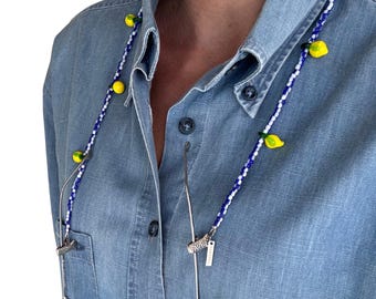 Beaded Lemon Glasses Chain: Convertible Necklace, Blue & White Boho Style