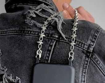 Silver Spike Phone Chain | Wrist Strap with Dual Clasp | Edgy Accessory Gift