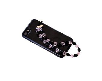 Roze en zwarte kristallen telefoonbandje - Tweekleurige Swarovski-kristallen telefoonbedel | Luxe cadeau voor haar