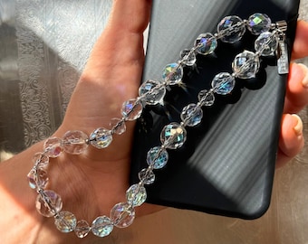 Abalorio para teléfono con cuentas de cristal Swarovski, correa para teléfono con cristales iridiscentes, pulsera brillante para teléfono, llamativa cadena para teléfono de muñeca, regalo de lujo.