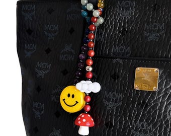 Rainbow Beaded Bag Charm | Smiley Face, Mushroom, Cloud Pendant | Kawaii Purse Accessory Gift