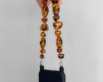 Tortoiseshell Beaded Phone Charm Strap | Chunky Amber Phone Wristlet