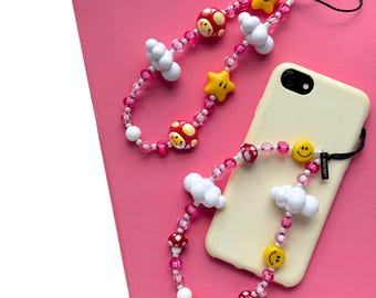 Candy Clouds Y2K-telefoonbedel met kralen – kawaii bandje met smiley- of paddenstoelster