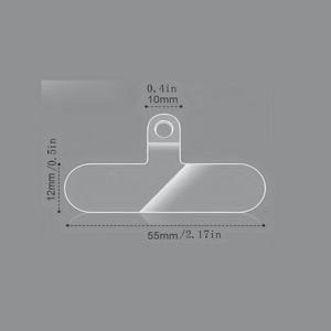 Puede incluir: Un soporte para teléfono de plástico transparente con dimensiones indicadas. El soporte mide 55 mm de largo, 12 mm de ancho y 10 mm en su punto más ancho. Tiene una forma rectangular redondeada con un agujero circular en la parte superior.