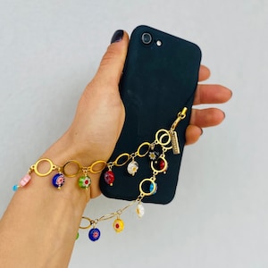 Correa para teléfono con dije de oro Millefiori / Cadena para teléfono con dije de oro y cuentas de flores de colores / Pulsera con dijes de lujo / SPESCET
