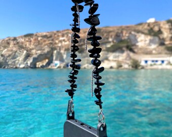 Black Onyx Phone Strap – Beaded Wristlet with Silver Chain Fringe, Stainless Steel