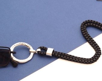 Black Eyeglass Necklace - Men’s Box Chain Lanyard with Silver Ring Holder