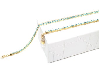 Gold Glasses Chain with Turquoise Crystals - Double Layer Eyewear Necklace