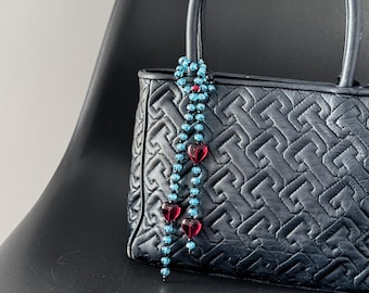 Red Heart Bag Charm | Blue Czech Crystal Purse Pendant | Beaded Handbag Accessory Gift