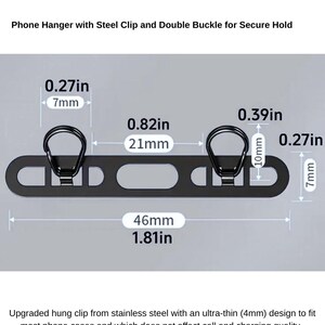 Close-up of black double buckle extension for secure phone strap attachment with dimension details.