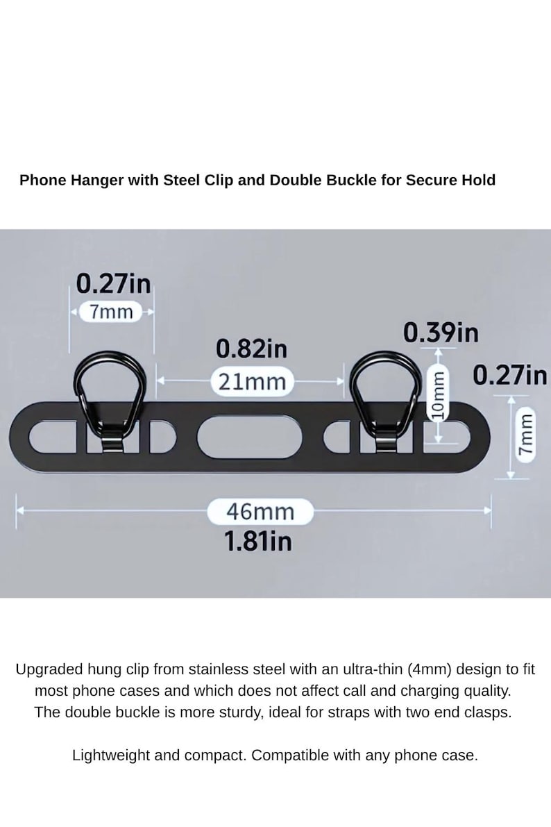 Close-up of black double buckle extension for secure phone strap attachment with dimension details.
