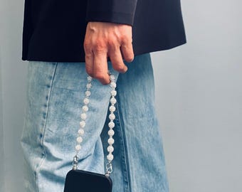 Luxury Crystal Phone Strap – Silver Pave Beaded Phone Wristlet with Czech Crystals