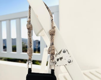 Greige Snakeskin Leather Phone Strap – Boho Wrist Lanyard with Silver Chain Fringe