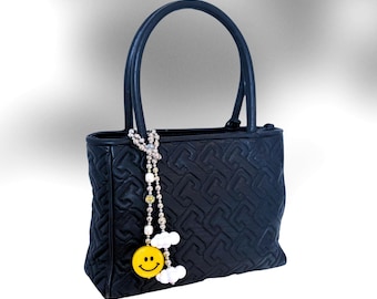 Smiley Face Bag Charm | Silver Bead Cloud Purse Pendant | Kawaii Bag Accessory
