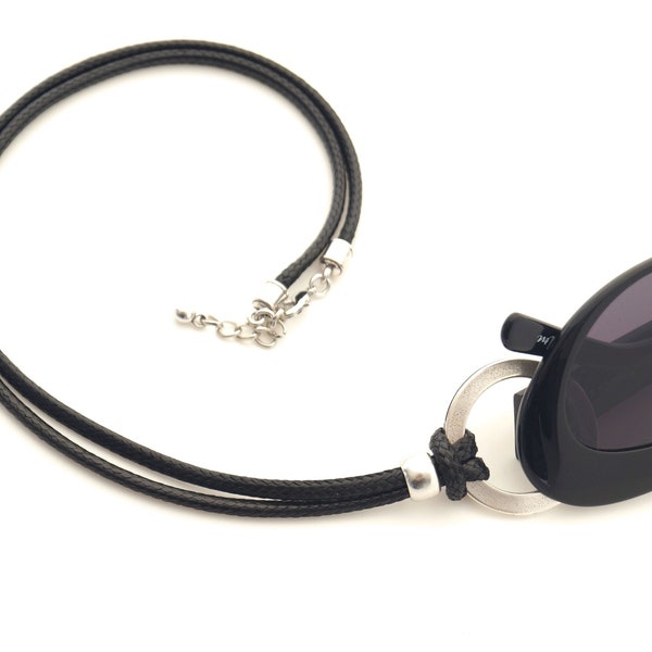 Lanière porte-lunettes en cuir noir | Collier porte-bague noir et argent pour lunettes | Accessoire pour lunettes unisexe