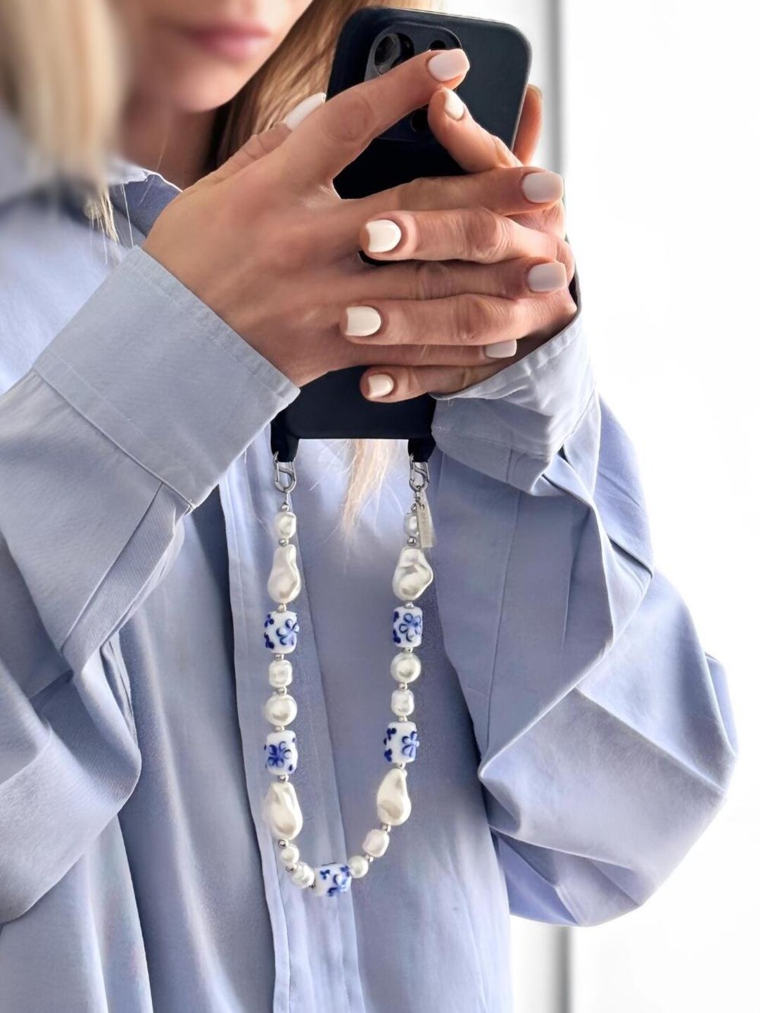 Greek Floral Pearl Phone Strap | Blue White Ceramic Wrist Charm