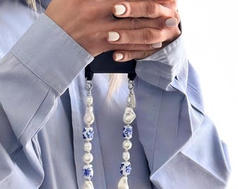 Greek Floral Pearl Phone Strap | Blue White Ceramic Wrist Charm