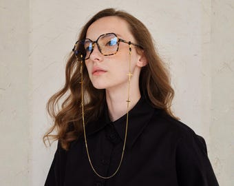 Gold Cross Glasses Chain - Delicate Eyeglass Necklace with Side Cross Charms
