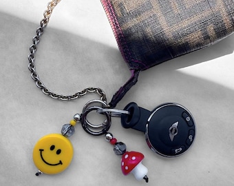 Charm de sac smiley ou champignon - Porte-clés en cristal de Swarovski, accessoire de sac à main amusant