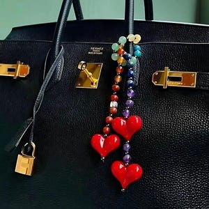 Red Heart Beaded Bag Charm, Handmade Purse Pendant with Gemstones - Stylish Handbag Accessory