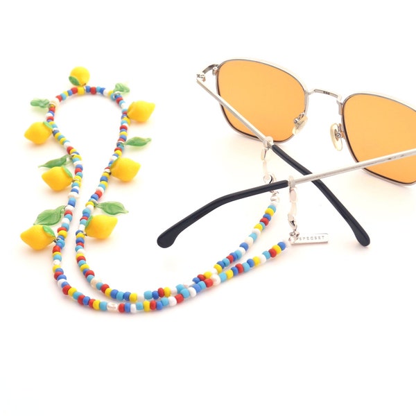 Colorful Beaded Glasses Chain | Convertible Sunglass Strap and Necklace with Lemons and Leaves | Boho Gift for Her