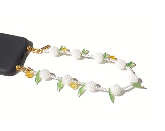 Lemon Pearl Phone Charm – Botanical Beaded Wrist Strap with Green Leaves, Fruit Themed Accessory