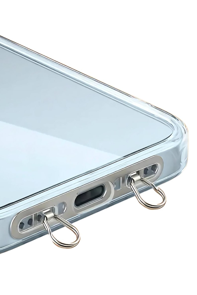 Ultra-thin stainless steel phone hanger in silver finish clipped inside a clear phone case.