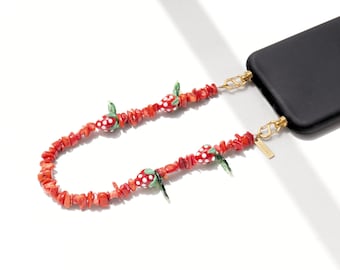Strawberry Phone Strap – Red Gemstone Beaded Phone Wristlet with Strawberries & Green Leaves