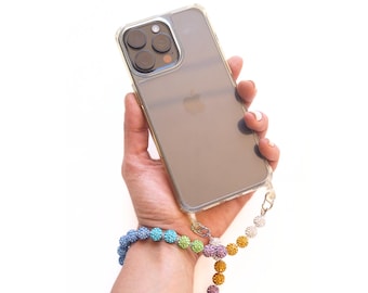 Cadena para teléfono con cuentas de cristales de colores – Pulsera con dije de diamantes de imitación multicolor pastel, accesorio tecnológico de lujo