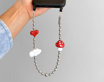 Dragonne de téléphone en perles argentées - Champignon amusant, breloque coeur et nuage, tour de cou rétro pour téléphone portable