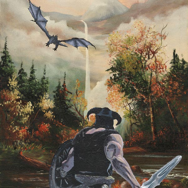 Skyrim: The Elder Scrolls - Dovahkiin's Dragon Encounter. Art Parody Print, Classic Sofa Painting Recycled Thrift Store Art