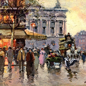 May include: A painting depicting a bustling Parisian street scene with a horse-drawn carriage, pedestrians, and a cafe with the sign "Restaurant", "Restaurant", and "Le Palais" visible. The scene is painted in a realistic style with a warm color palette.