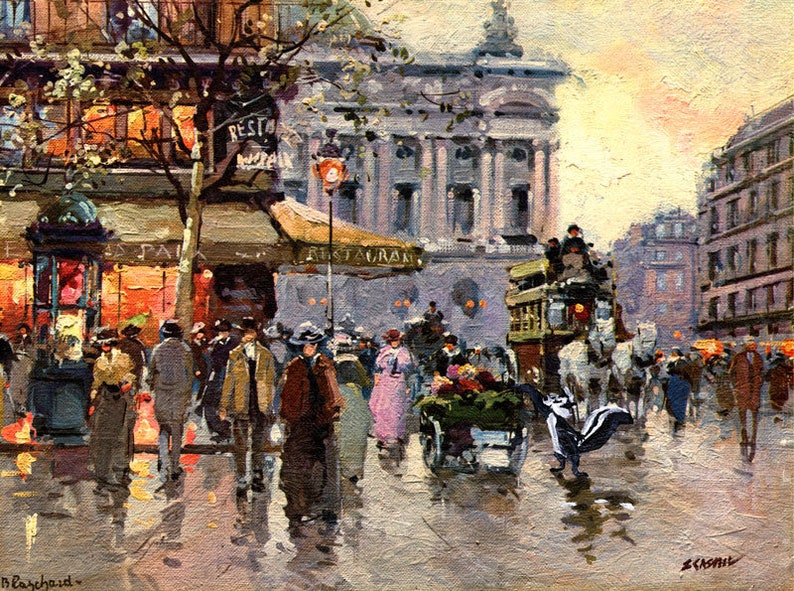 May include: A painting depicting a bustling Parisian street scene with a horse-drawn carriage, pedestrians, and a cafe with the sign "Restaurant", "Restaurant", and "Le Palais" visible. The scene is painted in a realistic style with a warm color palette.