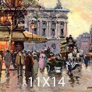 May include: A painting depicting a bustling Parisian street scene with people walking, a horse-drawn carriage, and a double-decker bus. The scene is set in front of a large building with columns and a sign that reads "Restaurant".