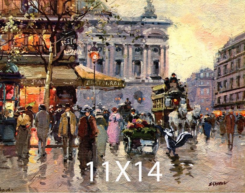 May include: A painting depicting a bustling Parisian street scene with people walking, a horse-drawn carriage, and a double-decker bus. The scene is set in front of a large building with columns and a sign that reads "Restaurant".