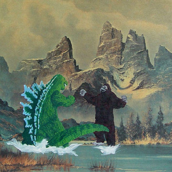 Godzilla Meets King Kong...Again. Art Parody Print, Classic Sofa Painting Recycled Thrift Store Art