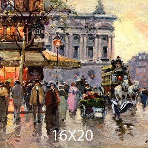 May include: A vintage oil painting depicting a bustling Parisian street scene. The painting features a large building with columns, a horse-drawn carriage, and people walking on a cobblestone street. There are shops and restaurants on the street, including one with the sign "Restaurant." The painting is in a warm, impressionistic style with vibrant colors.
