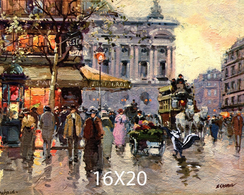 May include: A vintage oil painting depicting a bustling Parisian street scene. The painting features a large building with columns, a horse-drawn carriage, and people walking on a cobblestone street. There are shops and restaurants on the street, including one with the sign "Restaurant." The painting is in a warm, impressionistic style with vibrant colors.