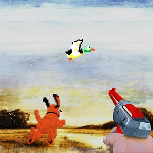 May include: A pixelated duck flies over a field with a pixelated dog running towards it. A hand holds a red and gray toy gun pointed at the duck.