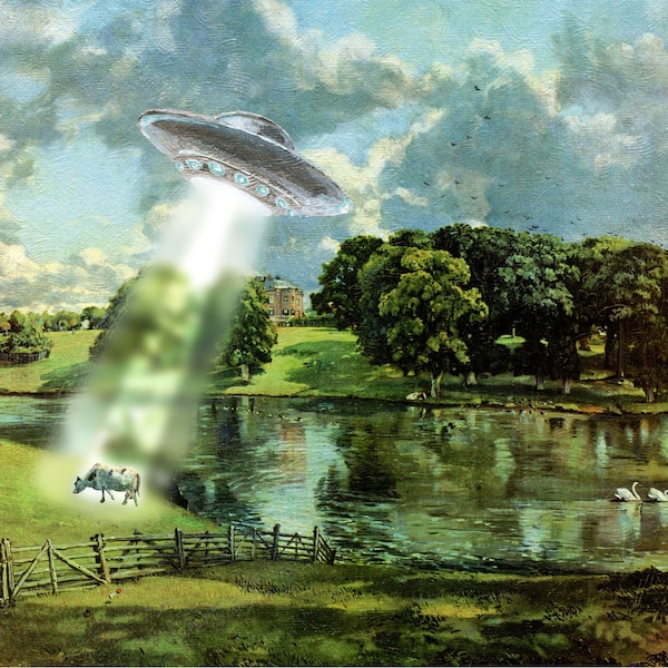 UFO Cow Abduction, Aliens and Flying Saucers, Urban Legends, Art Parody Print, Classic Sofa Painting Recycled Thrift Store Art