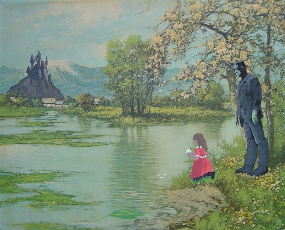 Frankenstein Makes a New Friend. Art Parody Print, Classic Sofa