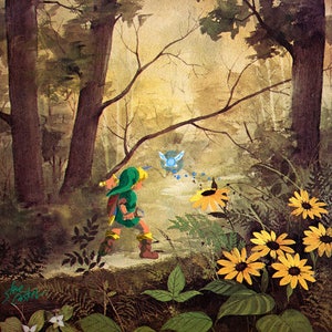 Zelda: Ocarina of Time, Link Encounters a Fairy. Art Parody Print, Classic Sofa Painting Recycled Thrift Store Art