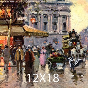 May include: A painting depicting a bustling Parisian street scene with a horse-drawn carriage, a double-decker bus, and pedestrians walking past a restaurant with a sign that reads "Restaurant".