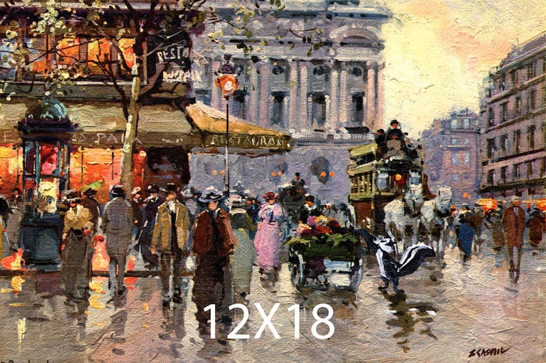 May include: A painting depicting a bustling Parisian street scene with a horse-drawn carriage, a double-decker bus, and pedestrians walking past a restaurant with a sign that reads "Restaurant".