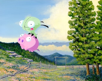 Invader Zim - Art Parody Print - I Love You Piggy - Classic Sofa Painting - Recycled Thrift Store Art