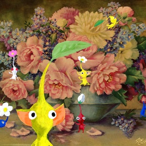 Not So Still Life: Pickmin Playing With Flowers  Art Parody Print, Classic Sofa Painting Recycled Thrift Store Art